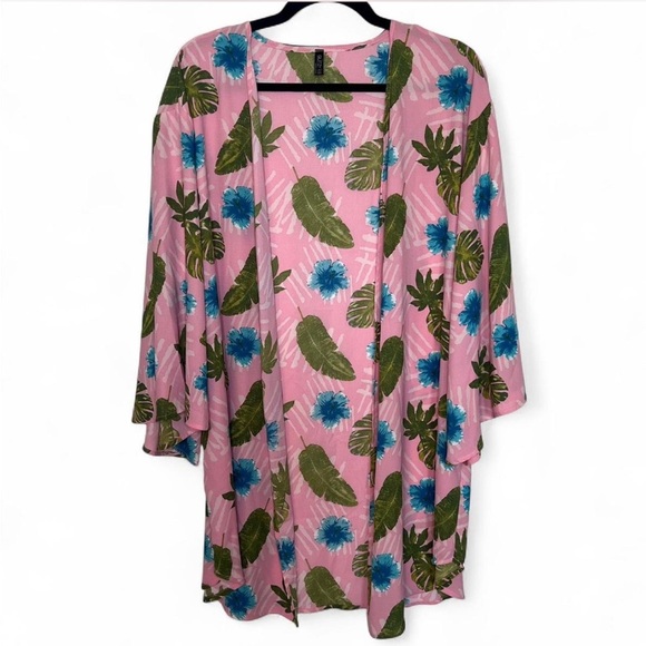 Glitzy Girlz Pink Tropical Leaf Kimono OS 3/4 Sleeve Beach Cover-Up - Picture 1 of 5